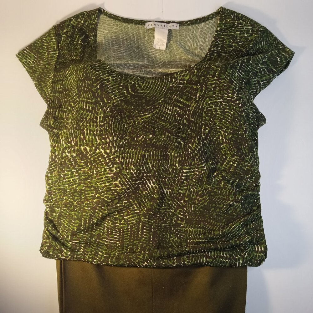 VERSAILLES MULTI COLOR BLOUSE AND STANLEY BLACKER  OLIVE GREEN PLEADED PANTS